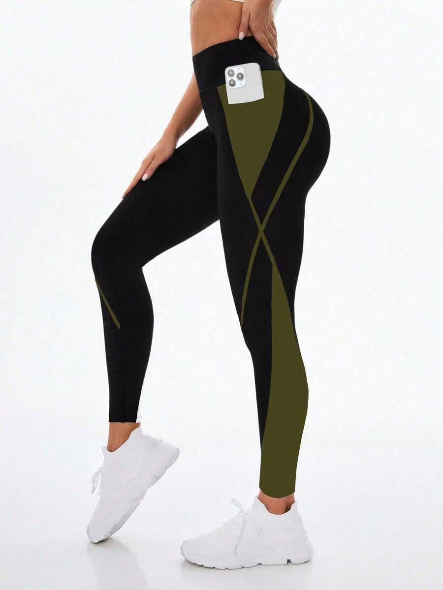 SHEIN Sports 女式高腰弹力撞色手机口袋紧身裤 - 彩色 - 查看 1
