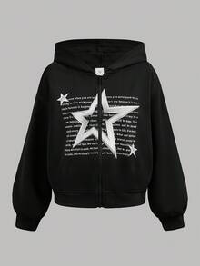 Girlism Teen Girls' Stylish Star Pattern Silver & Black Hoodie, Round Neck Tank Top And Cargo Pants Sports Suit - Black and White - View 9