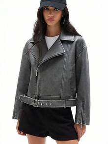 GENKIRA Fashionable Minimalist Versatile Solid Color Lapel Elegant Slim Design Leather Jacket For Women - Grey - View 3