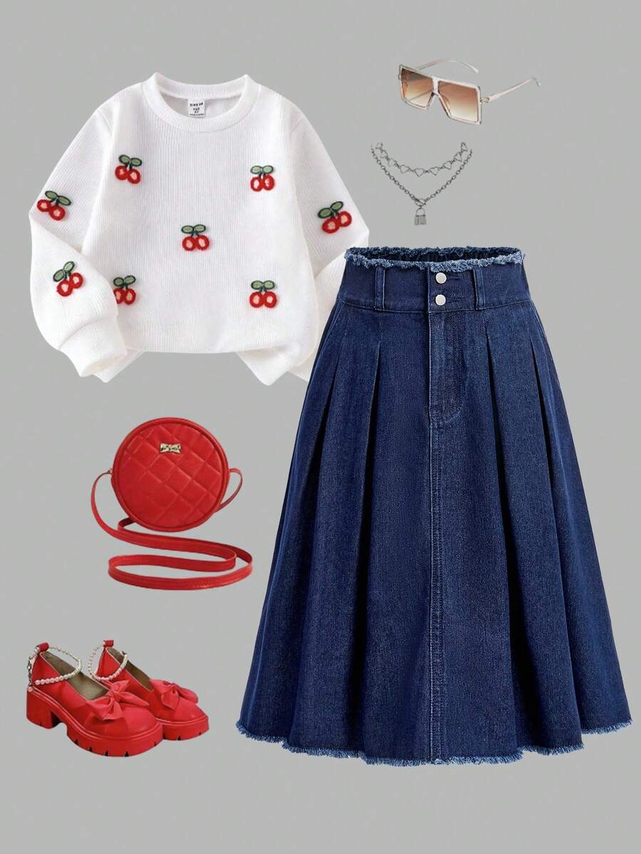 SHEIN Girlism Tween Girls Fall/Winter Fashion Versatile Navy Blue Denim Raw Edges Long Pleated Skirt,For Girls Fall/Winter  Dailywear Costume,Girls Streetwear Outfits And Back To School Clothes,Girls Christmas Outfits,  Denim Pleated Skirt, Pleated Denim Skirt, Frayed Denim Skirt, Raw Hem Denim Skirt - Dark Wash - View 1