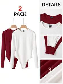 SHEIN BASICS 2pcs/Set Casual Solid Color Knit Crew Neck Long Sleeve Bodysuit For Women/Spring - Burgundy - View 3