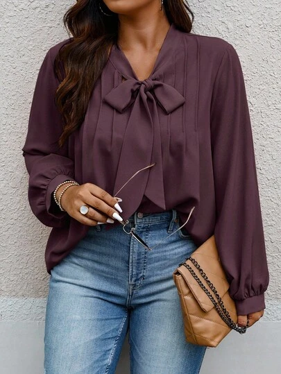EMERY ROSE Bluzka damska w jednolitym kolorze, z wiązaniem przy kołnierzyku i długim rękawem, elegancka, w dużych rozmiarach