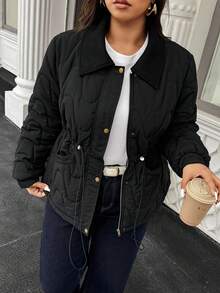 Easura Áo khoác mùa đông thường ngày chần bông tay dài có dây rút thiết kế túi eo cho nữ cỡ lớn - màu đen - Xem 3