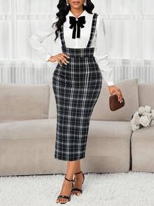 SHEIN Lady 女士时尚百搭后开衩紧身连衣裙（带肩带）适合秋冬季女士秋季服装女士秋季连衣裙冬季连衣裙 - 黑與白 - 查看 6