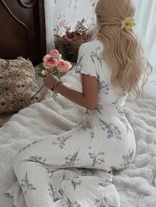 CottageSlumber 女士休闲长裙，紫色花卉印花，蝴蝶结装饰，睡袍 - 白色 - 查看 3