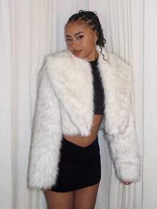 Y2K Amplova 女式大翻领长袖染色尖刺长毛时尚性感人造皮草大衣，适合秋冬季派对和俱乐部 - 淺灰色 - 查看 6