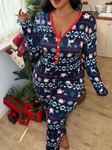 SweetSlumber Pijama Macacão de Malha com Estampa Listrada Plus Size, Para o Natal, Para Pijamas Plus Size de Outono e Inverno, Roupa Confortável