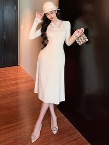 DAZY 蕾丝边修身百搭针织毛衣裙，法式风情，秋冬 - 米色 - 查看 3