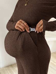 SHEIN 2pcs Maternity Casual Commuting Solid Color Asymmetrical Collar Fitted T-Shirt And Adjustable Waist Wide Leg Pants Set, Spring/Autumn - Coffee Brown - View 7