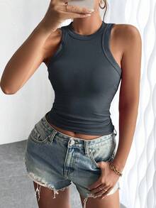 Breezaya Camiseta de tirantes informal de unicolor con cuello redondo y acanalada para mujeres en verano - Gris Oscuro - Ver 6