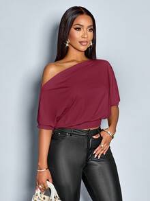 SOLERSUN Women's Solid Asymmetrical Neck Ruched Shoulder Tee - Red - View 4