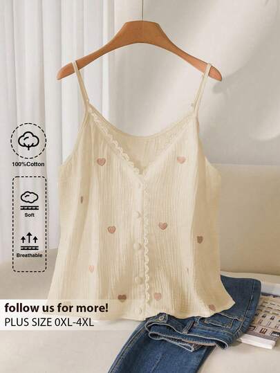 CosyJoli 大码女式夏季心形印花单排扣吊带背心