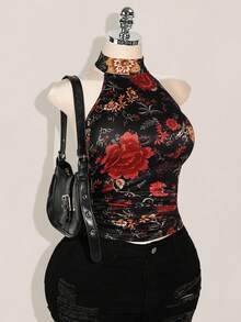 SHEIN ICON Áo hở lưng in hoa gợi cảm cổ yếm phong cách miền Tây Boho Y2K mùa hè dành cho nữ, mùa hè - màu đen - Xem 6