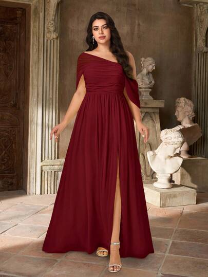 Aureia Vestido elegante y romántico de gasa amarilla asimétrico con hombros descubiertos, manga acampanada con fruncido, abertura alta y bajo en línea A, adecuado para bodas, fiestas, vacaciones, galas, dama de honor en tallas grandes