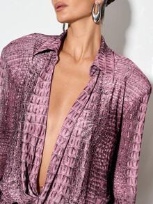 KIZN Velvet Textured Crocodile Scale Mesh Panel Bodysuit With Plunging V Neck Collar Long Sleeve Retro Fashion Party Evening Clubwear Statement Piece