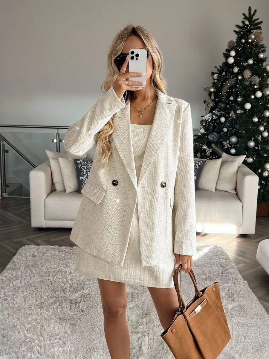 SHEIN LUNE Women's Casual Loose Fit Lapel Double-Breasted Plaid Tweed Jacket With Pockets, Commuter Style In Fall/Winter Christmas - Multicolor - View 1