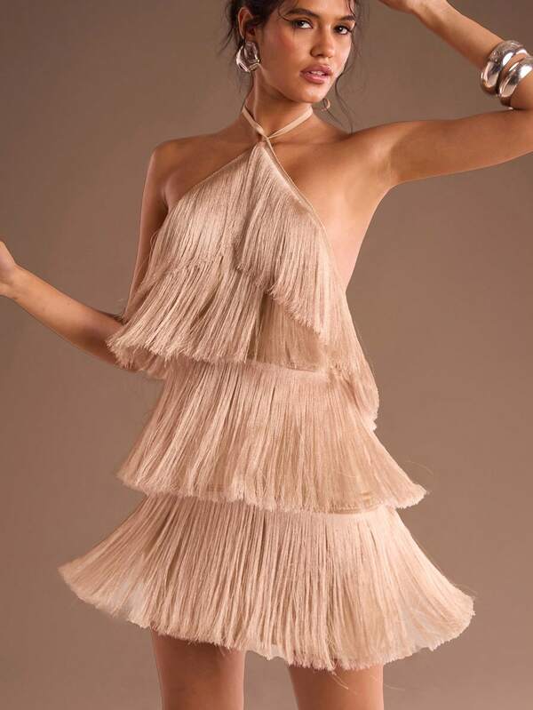 Glamine Vestido de fiesta elegante de cuello halter de unicolor y multicapa con flecos para mujer