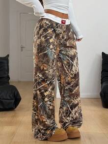 Coolane 女式树枝图案阔腿休闲裤 - 軍綠色 - 查看 3