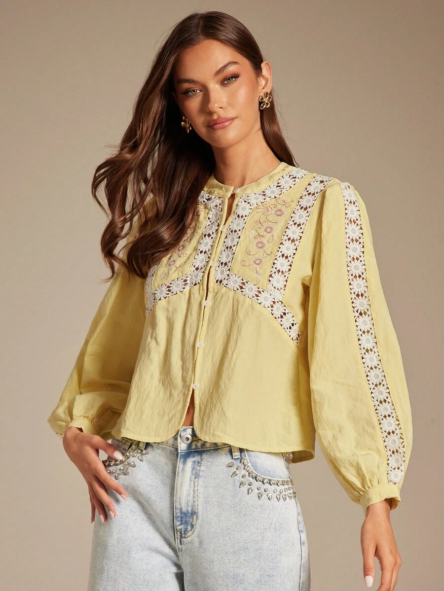 Enchnt Fall/Winter Romantic Women's Yellow Floral Lace Patchwork Round Neck Lantern Sleeve Single-Breasted Fashion Blouse, Casual & Comfortable For Birthday & Holiday Party & Sweet Date & Daily Commuting & Vacation,Fall Blouse For Women,Autumn Clothes