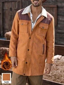 Manfinity Nomadique American Retro New Casual Business Elastic Imitation Suede Fleece Long Jacket Men, Luxury Style, Autumn And Winter Suede Jacket Brown Rodeos For Men Western Jacket - Multicolor - View 3