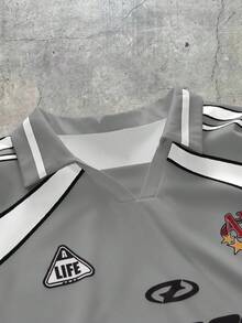 AXEPEAK 男士字母印花条纹短袖休闲 Polo 衫 - 灰色 - 查看 4