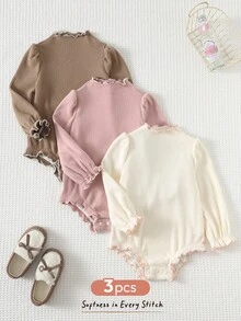 Cozy Pixies Set de 3 bodys de manga larga con cuello redondo, textura acanalada y volantes de contraste en unicolor para bebé niña - Rosa - Ver 1