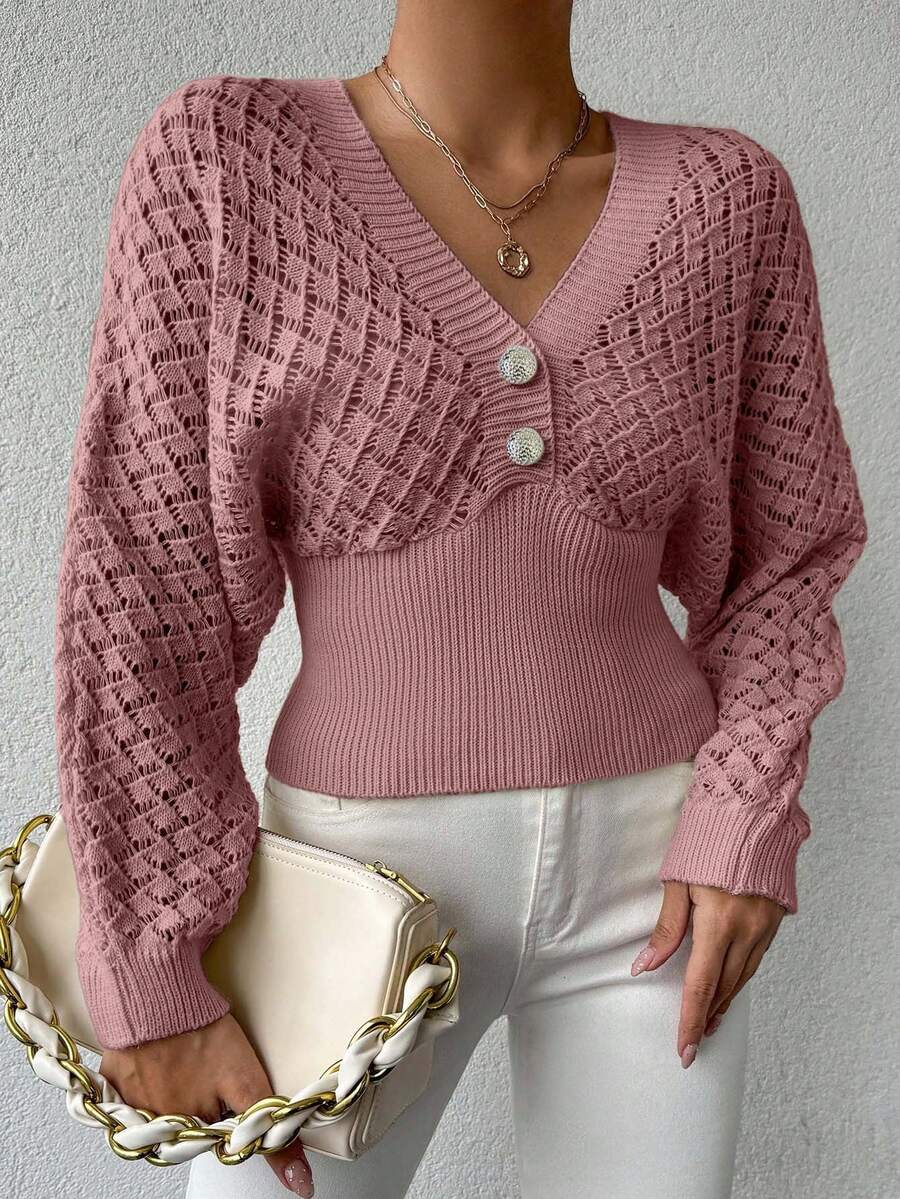 EURMUSE Women's Solid Color Hollow V-Neck Button Knit Sweater - Rusty Rose - View 1