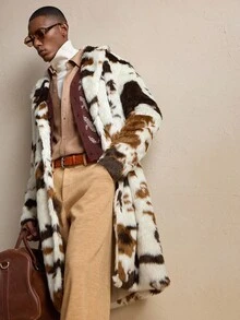 AKNOTIC Men's Patterned Long Sleeve Loose Casual Faux Fur Coat, For Winter, Christmas - Multicolor - View 3