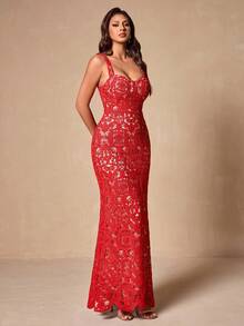 Glamine Đầm cocktail ôm sát không tay ren đỏ thời trang gợi cảm cho nữ - Đỏ - Xem 6