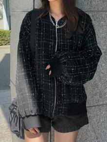 FRIFUL 女士秋季落肩长袖格子休闲宽松棒球夹克 - 黑色 - 查看 5