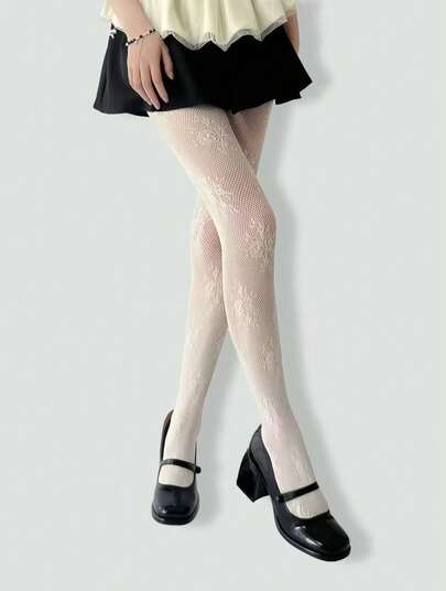 Kawaii White Floral High Elasticity Fishnet Pantyhose