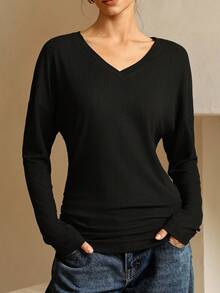 Lymera Women's Black Long Sleeve Ribbed V-Neck Tops,Autumn Basic Work Office Casual Shirts,Elegant Chic Luxury Soft Knit Fall Winter Party Occasion - Black - View 3