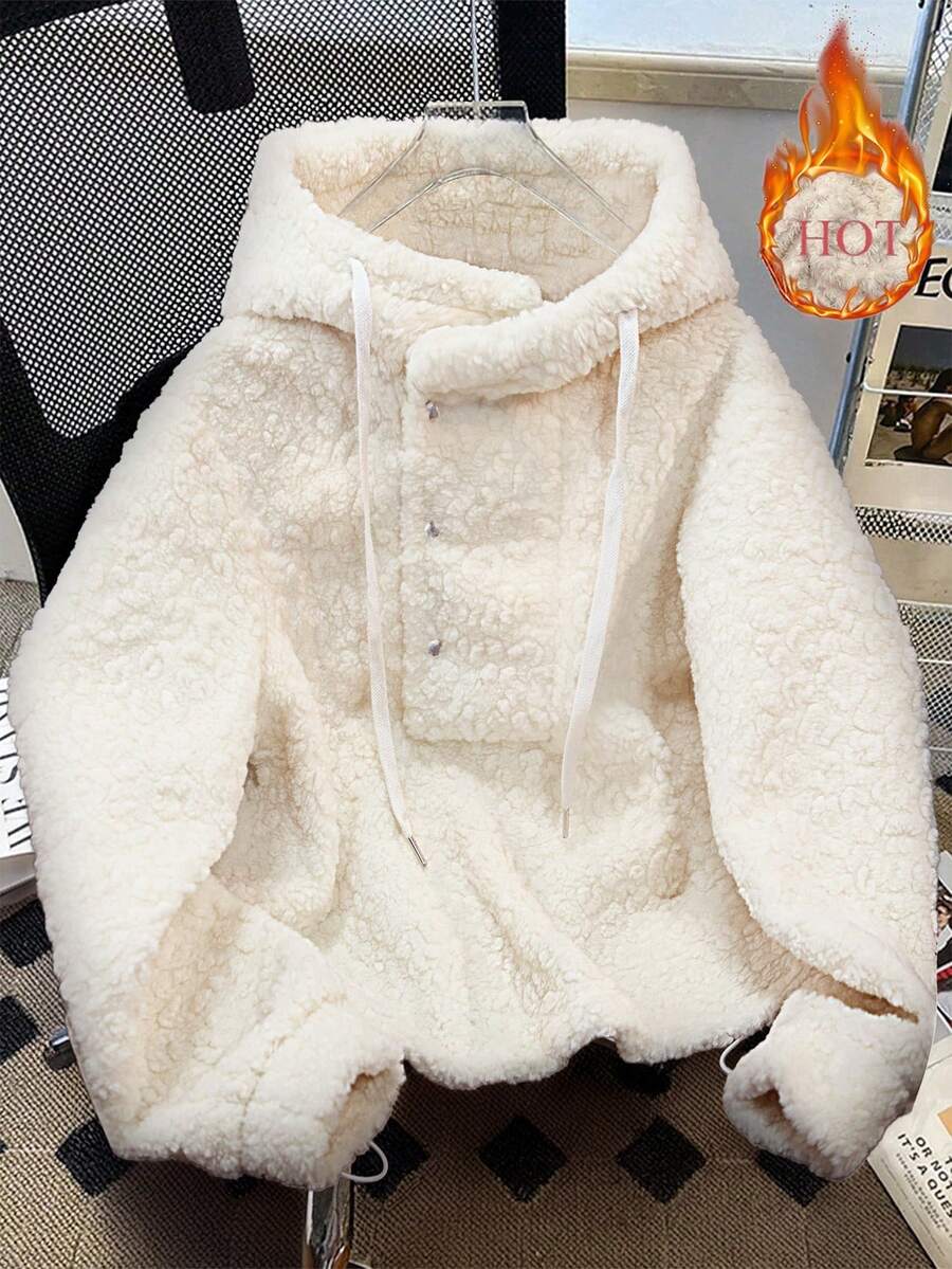 GlowEve 女式仿羊羔绒连帽抽绳纽扣设计休闲套头衫，秋冬