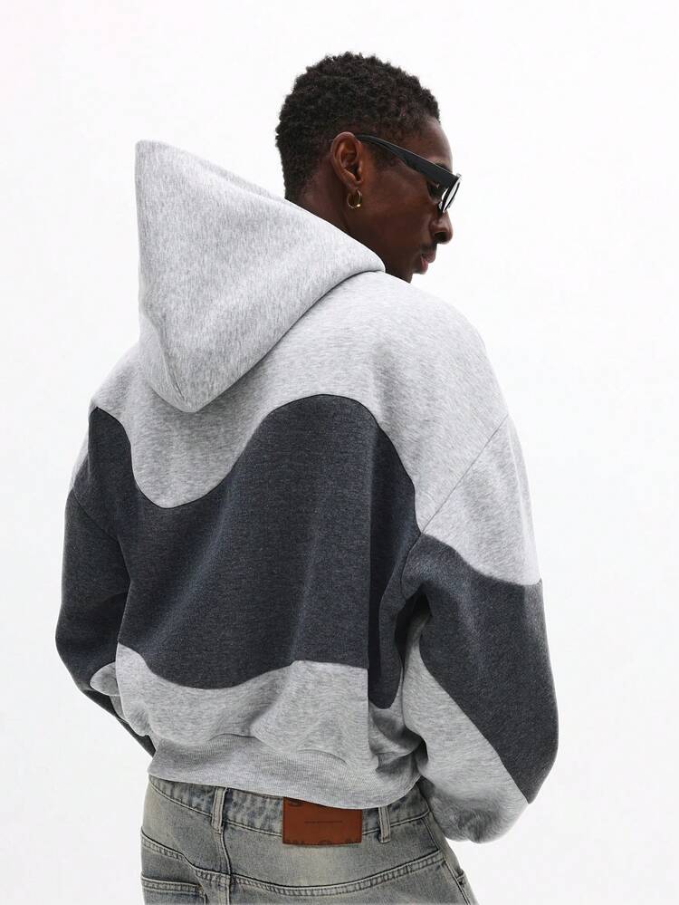 Color Block Hoodie With Curved Wave Design And Drawstring