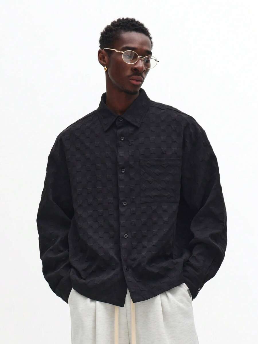 SUMWON Áo sơ mi kẻ caro tay dài cài nút thoải mái, cổ bẻ, mặc thường ngày, phong cách đường phố, thời trang cổ điển - màu đen - Xem 1