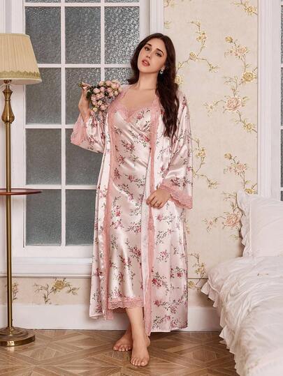CottageSlumber Floral Print Lace Trim Camisole Nightgown And Robe Satin Pajama Set Night Gown Women Set Lingerie Robe Set Plus Size Nightwear, Winter
