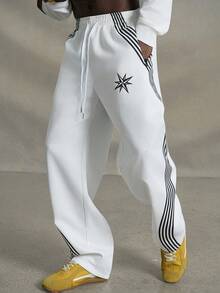 PAVTROS Men's Contrast Stripe Drawstring Pocket Casual Versatile Pants, Going Out Long Straight Leg Pants, For Husband, Boyfriend Gifts, For Back To School - White - View 1