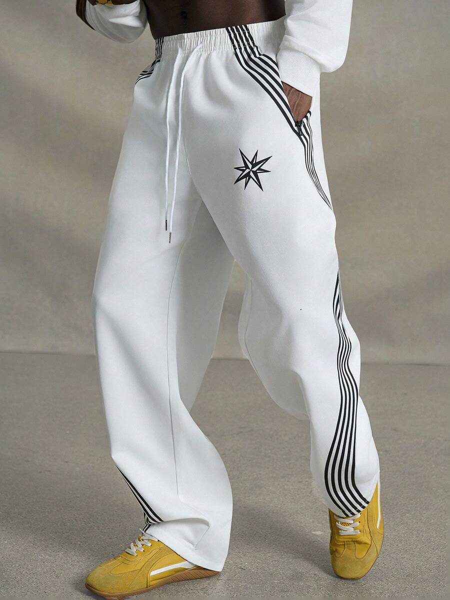 PAVTROS Men's Contrast Stripe Drawstring Pocket Casual Versatile Pants, Going Out Long Straight Leg Pants, For Husband, Boyfriend Gifts, For Back To School - White - View 1