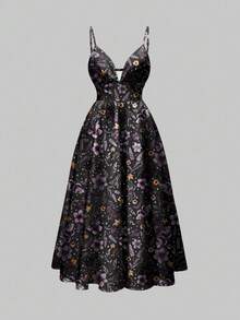 ROMWE Goth Váy hở lưng họa tiết bướm và hoa màu tím và xanh Bohemian lãng mạn dành cho nữ, phù hợp cho mùa thu/đông và Halloween - màu đen - Xem 1