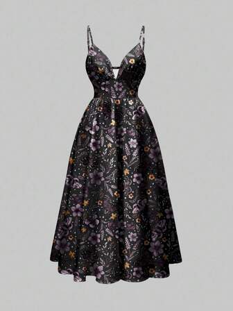 Goth Robe sans manches sexy à col bénitier avec imprimé romantique bohème de papillon violet et bleu et de fleurs, convenant pour l'automne/l'hiver et Halloween