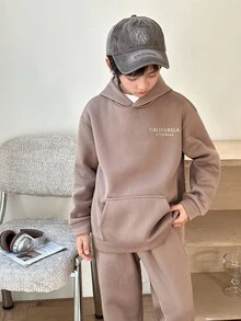 SHEIN Little Byeori Tween Boy Loose Fit Fabric Embroidered Big Letter Graphic Hoodie And Elastic Waist Pants Set, Suitable For Autumn/Spring, Outdoor Play, School, Street Style, Party And Casual Wear