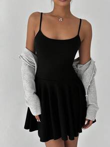 FavEase Casual Versatile Jumpsuit Mini Skirt, Spring/Summer, Built-In Bra - Black - View 6