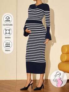 MaterniWear 孕妇休闲条纹紧身毛衣裙，秋冬 - 藍白色 - 查看 8