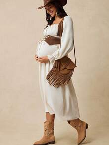 Boho Mama Maternity Frill Hem 2 In 1 Long Sleeve Waist Drawstring Western Style Dress Maternity Photoshoot Dress Pregnancy Dress Beige Maternity Dress Boho Maternity Dress Maternity Dresses Baby Shower - Multicolor - View 5