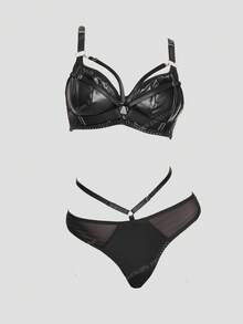 ROMWE Grunge Punk Dark Punk PU Underwire Bra & Thong Lingerie Set - Black - View 1