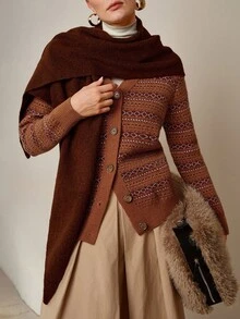 SHEIN LUNE 女式 V 领修身常规提花设计圣诞百搭优雅针织开衫，秋冬 - 彩色 - 查看 3