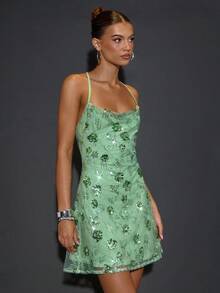 SHEIN BAE Vestido mini con tirantes de mujer de color verde sólido con bordado pesado de lentejuelas y espalda descubierta, adecuado para fiestas de cóctel, citas románticas, capas de otoño/invierno, reuniones, fiestas, noches de fiesta, eventos de discoteca - Verde - Ver 5