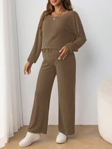 SHEIN 2pcs Maternity Casual Set: Round Neck Long Sleeve T-Shirt And Adjustable Drawstring Waist Loose Fit Bowknot Pants Brown Two Piece Set Knit Two Piece Set Two Piece Lounge Set Ribbed Two Piece Set Comfortable Two Piece Set - Coffee Brown - View 4