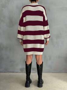 EURMUSE Women Drop Shoulder Sweater Dress With Striped Pattern - Burgundy - View 3