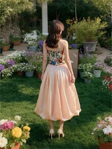 ÉTHER D'OR Women's Retro Elegant Floral Pattern Curved Hem Bandeau Top